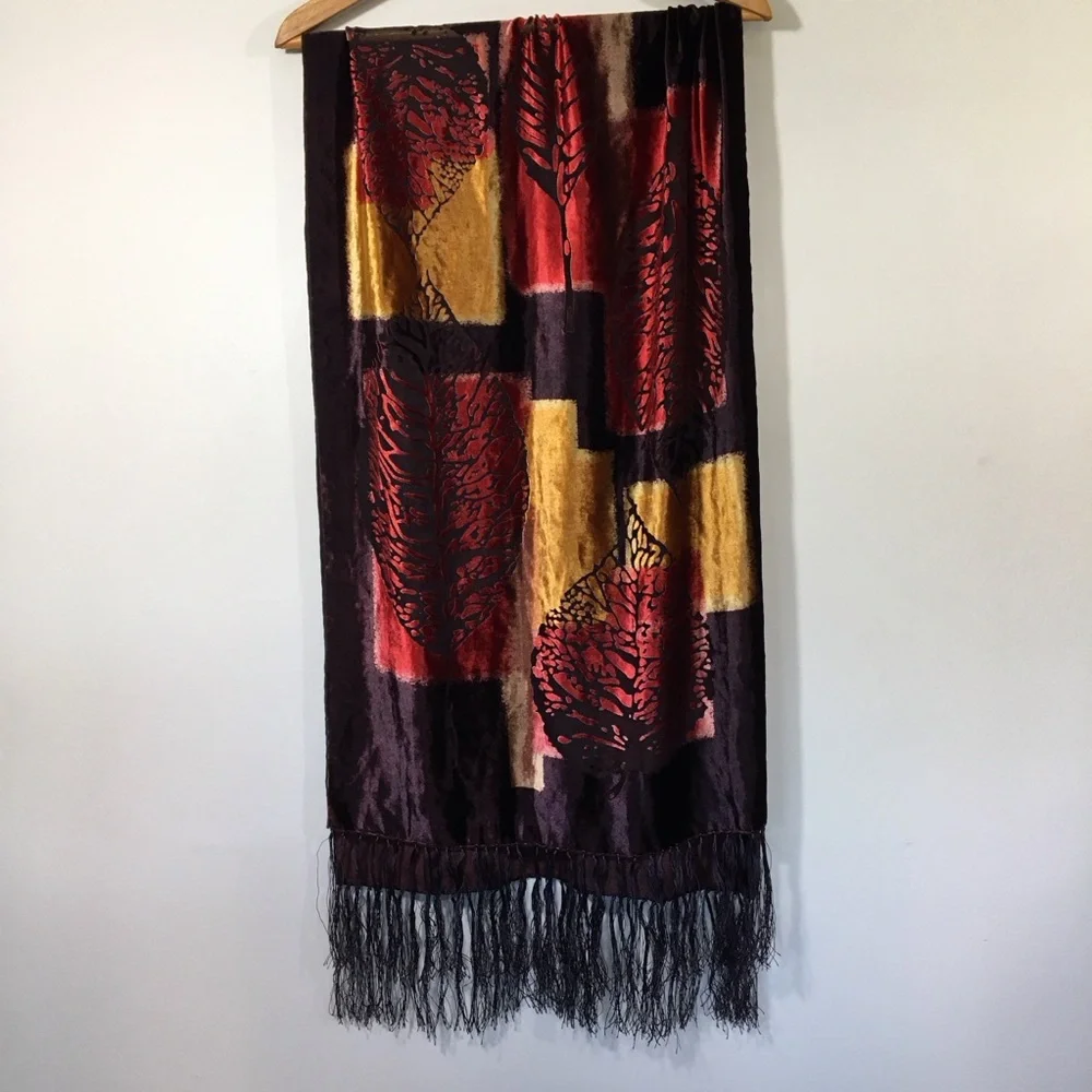 Silk‎ Velvet Burnout Fringe Wrap Hippie Whimsigoth Botantical Floral Leaf Sheer